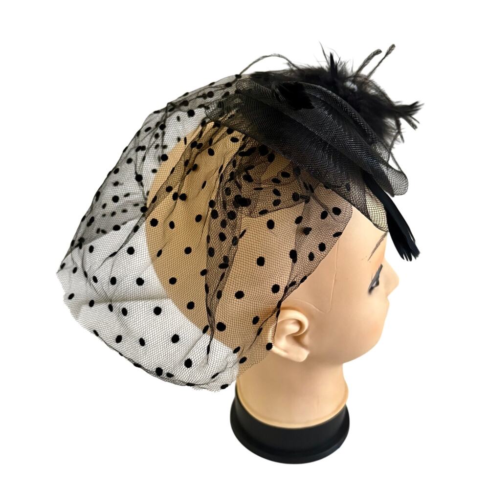 Black Feather Polka Dot Fascinator Hat w/ Faux Pearl Bow Horse Race Whimsygoth